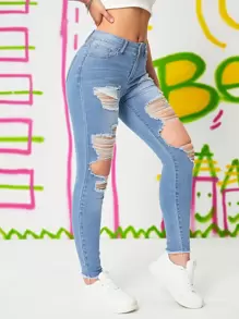 SHEIN EZwear Ripped Cut Out Skinny Jeans - Light Wash - View 1