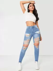 SHEIN EZwear Ripped Cut Out Skinny Jeans - Light Wash - View 5
