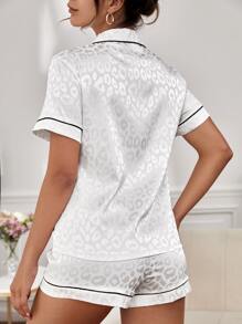 Snug Zone Leopard Jacquard Contrast Piping Satin Blouse & Shorts PJ Set / Pajama Set White Set Bridal Lingerie - White - View 3