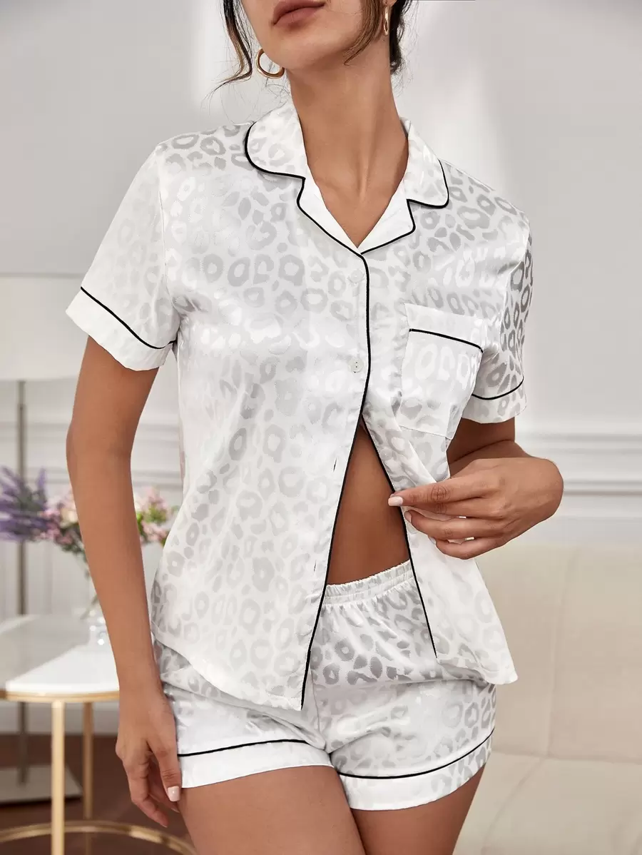 Snug Zone Leopard Jacquard Contrast Piping Satin Blouse & Shorts PJ Set / Pajama Set White Set Bridal Lingerie - White - View 1
