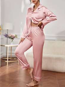 Moireta Contrast Binding Button Front Lapel Collar Satin Top & Pants PJ Set / Pajama Set Cozy And Elegant Details, Fall Winter Clothes - Dusty Pink - View 3