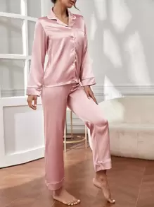 Moireta Contrast Binding Button Front Lapel Collar Satin Top & Pants PJ Set / Pajama Set Cozy And Elegant Details, Fall Winter Clothes - Dusty Pink - View 4