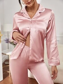 Moireta Contrast Binding Button Front Lapel Collar Satin Top & Pants PJ Set / Pajama Set Cozy And Elegant Details, Fall Winter Clothes - Dusty Pink - View 5