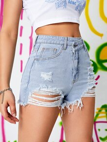 SHEIN High Waist Ripped Raw Trim Denim Shorts - Light Wash - View 7