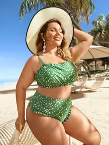Plus Size Allover Print Frill Trim Ruched Bikini Set Bãi biển mùa hè - màu xanh lá - Xem 1