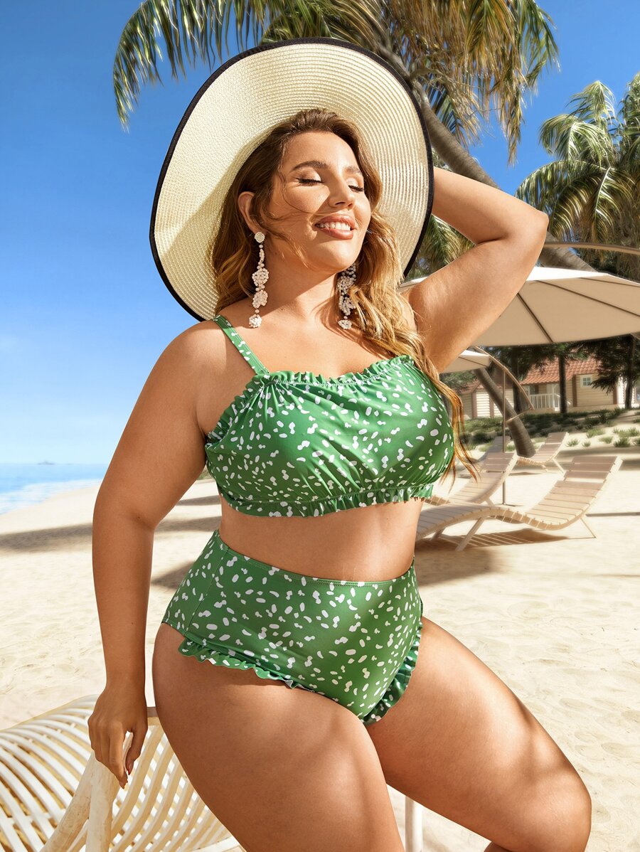 Plus Size Allover Print Frill Trim Ruched Bikini Set Bãi biển mùa hè - màu xanh lá - Xem 1