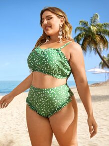 Plus Size Allover Print Frill Trim Ruched Bikini Set Bãi biển mùa hè - màu xanh lá - Xem 3