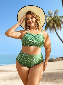 Plus Size Allover Print Frill Trim Ruched Bikini Set Bãi biển mùa hè - màu xanh lá - Xem 4