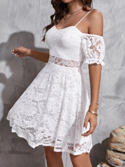SHEIN VCAY Cold Shoulder Flounce Cuff Guipure Lace Dress
