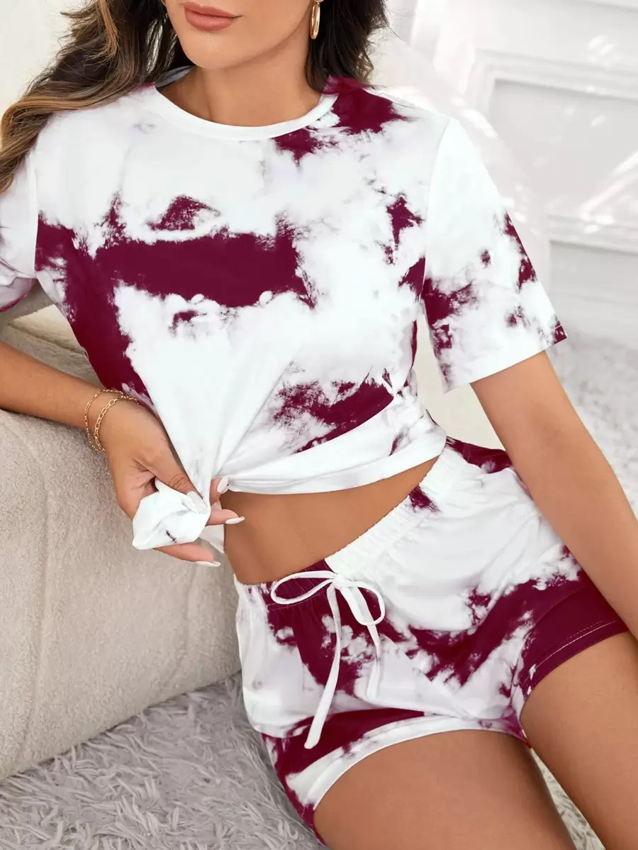 SHEIN 扎染前结睡衣套装 / 睡衣套装 - 酒紅色 - 查看 1