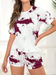 SHEIN 扎染前结睡衣套装 / 睡衣套装 - 酒紅色 - 查看 4