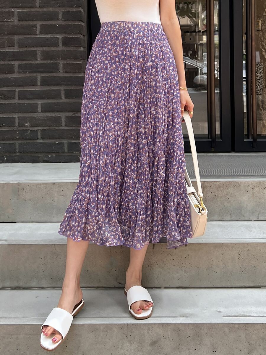 DAZY High Waist Ditsy Floral Skirt - Purple - View 1