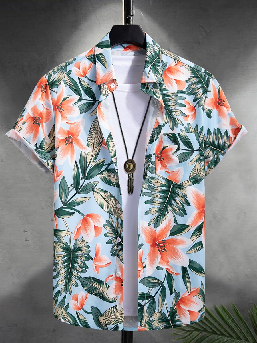 Manfinity RSRT Men Tropical Print Shirt Without Tee , Short Sleeve Button Up Graphic Floral Colorful Shirt , Beach Family Matching - Multicolor - View 1