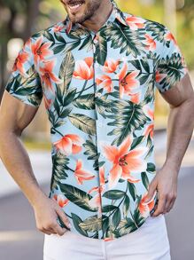 Manfinity RSRT Men Tropical Print Shirt Without Tee , Short Sleeve Button Up Graphic Floral Colorful Shirt , Beach Family Matching - Multicolor - View 3