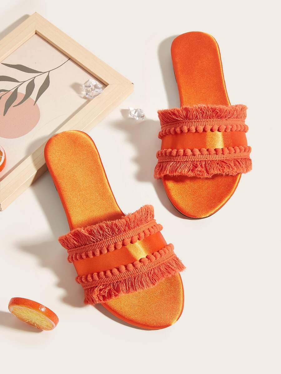 Women Rag Stitching Tassel & Pompom Decor Flat Sandals, Satin Fashionable Slide Sandals Orange - Orange - View 1