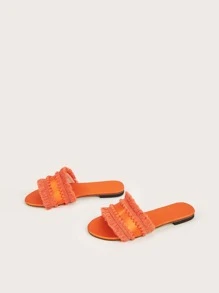 Women Rag Stitching Tassel & Pompom Decor Flat Sandals, Satin Fashionable Slide Sandals Orange - Orange - View 2