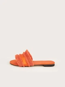 Women Rag Stitching Tassel & Pompom Decor Flat Sandals, Satin Fashionable Slide Sandals Orange - Orange - View 3