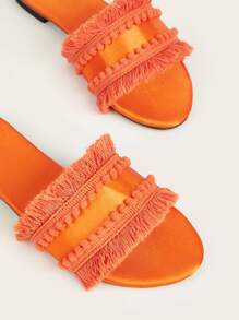 Women Rag Stitching Tassel & Pompom Decor Flat Sandals, Satin Fashionable Slide Sandals Orange - Orange - View 4