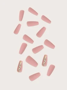 用24入組長棺材粉色素色啞光水鑽假指甲和1入組指甲銼和1張膠帶升級您造型 - 彩色 - 查看 5