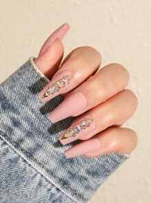 用24入組長棺材粉色素色啞光水鑽假指甲和1入組指甲銼和1張膠帶升級您造型 - 彩色 - 查看 6