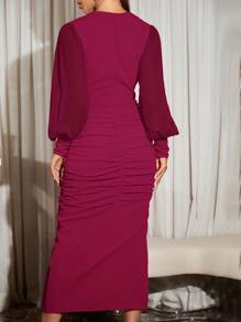 Modelyn Đầm Xù Nút phía trước màu trơn Thanh lịch - Màu Hồng Tươi - Xem 2