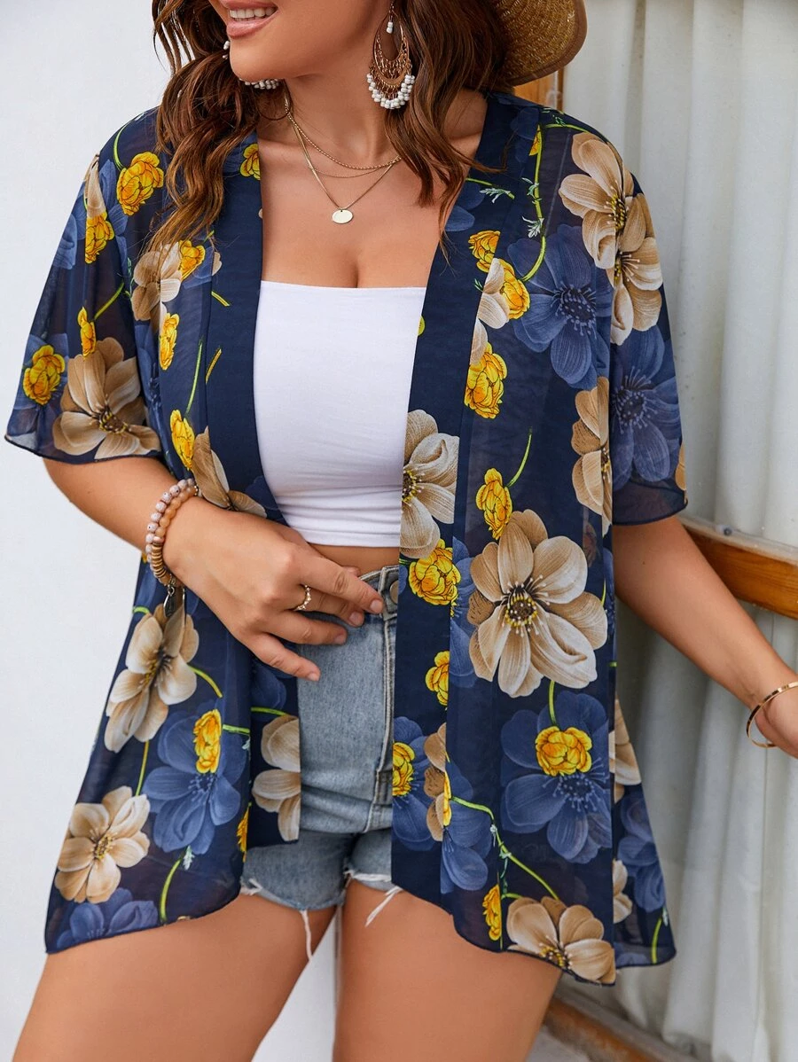 SHEIN Swim Curve Plus Floral Open Front Kimono - Multicolor - View 1