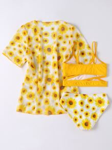 SHEIN 年轻女孩 3 件装 向日葵印花前交叉比基尼套装 夏季海滩