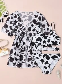 3 piezas Conjunto de bikini de cintura con cordón y recorte con estampado de vaca aleatorio para niña preadolescente, playa de verano - Blanco y Negro - Ver 1