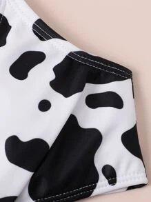 3 piezas Conjunto de bikini de cintura con cordón y recorte con estampado de vaca aleatorio para niña preadolescente, playa de verano - Blanco y Negro - Ver 3