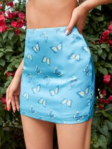 Falda con estampado de mariposa con cremallera trasera - Azul - Ver 5