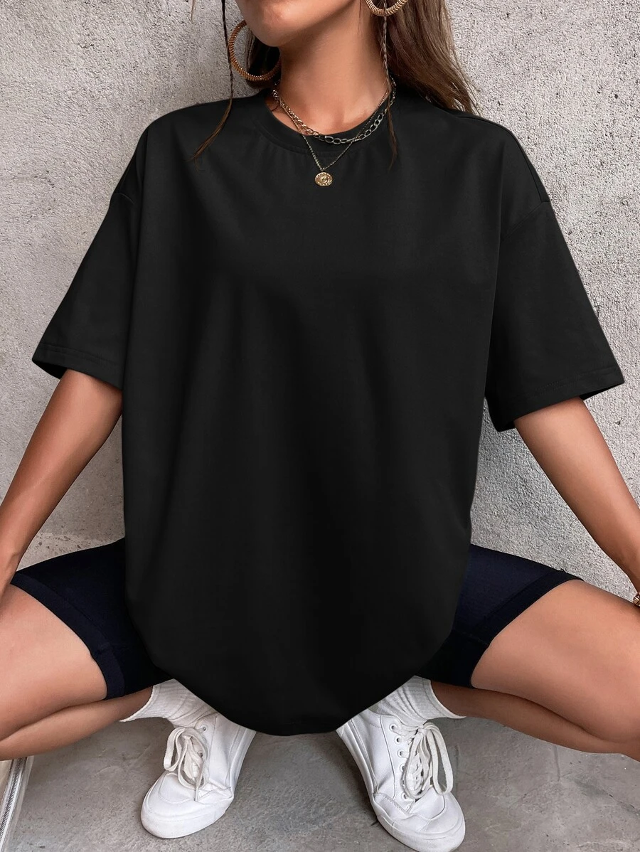 SHEIN EZwear 黑色超大号纯色落肩 T 恤 - 黑色 - 查看 1