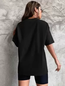 SHEIN EZwear 黑色超大号纯色落肩 T 恤 - 黑色 - 查看 2