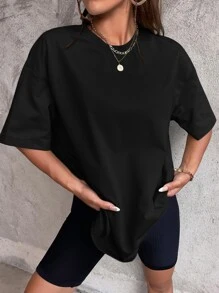 SHEIN EZwear 黑色超大号纯色落肩 T 恤 - 黑色 - 查看 3