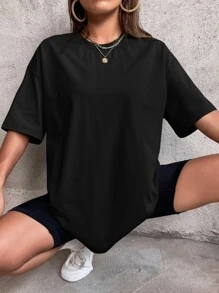 SHEIN EZwear 黑色超大号纯色落肩 T 恤 - 黑色 - 查看 4
