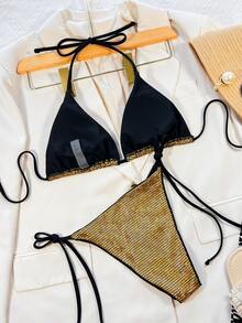 Metallic Contrast Binding Halter Triangle Tie Side Bikini, For Summer Beach Vacation - Gold - View 4