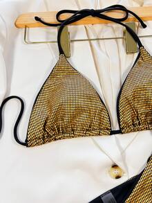 Metallic Contrast Binding Halter Triangle Tie Side Bikini, For Summer Beach Vacation - Gold - View 6
