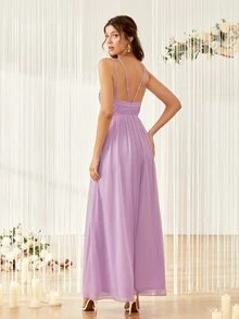 Váy phù dâu Lộ Lưng Cắt ra màu trơn Thanh lịch - Màu tím  Violet - Xem 2