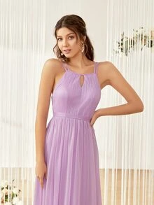 Váy phù dâu Lộ Lưng Cắt ra màu trơn Thanh lịch - Màu tím  Violet - Xem 4