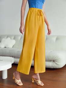 SHEIN 高腰前打結闊腿褲