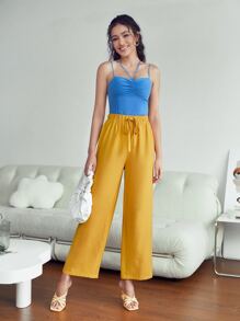 SHEIN 高腰前打結闊腿褲