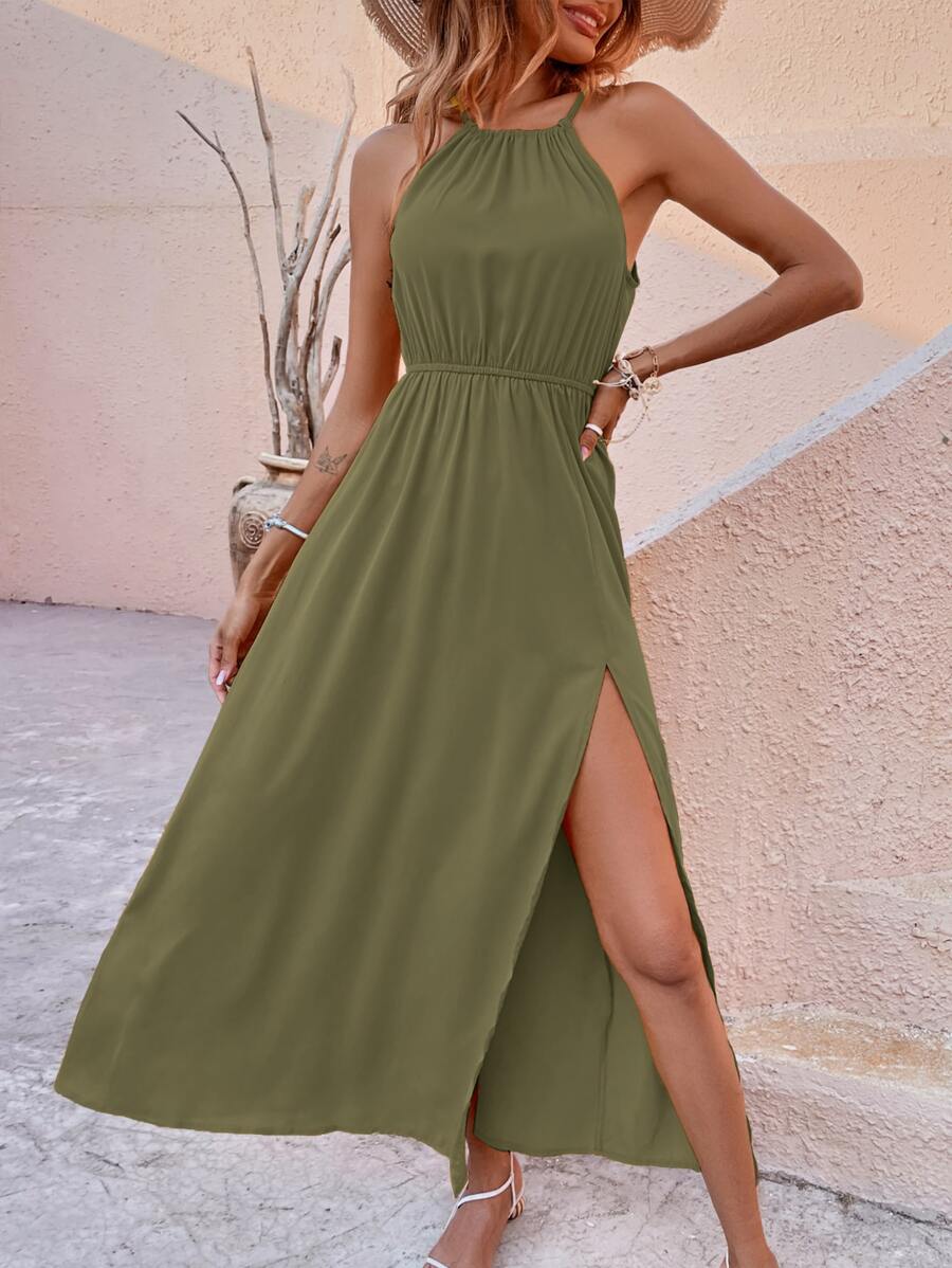 SHEIN Unity 高衩掛脖連衣裙 - 軍綠色 - 查看 1