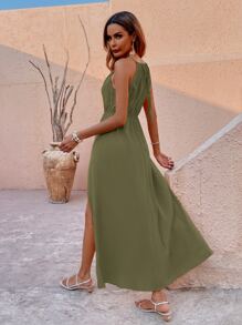 SHEIN Unity 高衩掛脖連衣裙 - 軍綠色 - 查看 2
