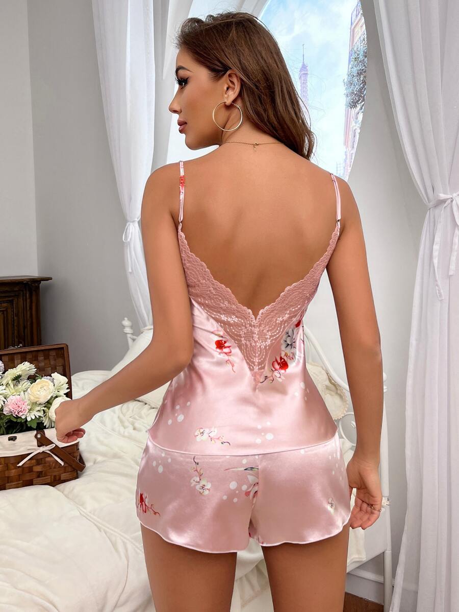 Floral Print Contrast Lace Cami Satin PJ Set - Baby Pink - View 1