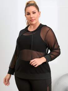 SHEIN Street Sport Áo thể thao Plus Size Tương phản Mesh Dây kéo màu trơn - màu đen - Xem 1