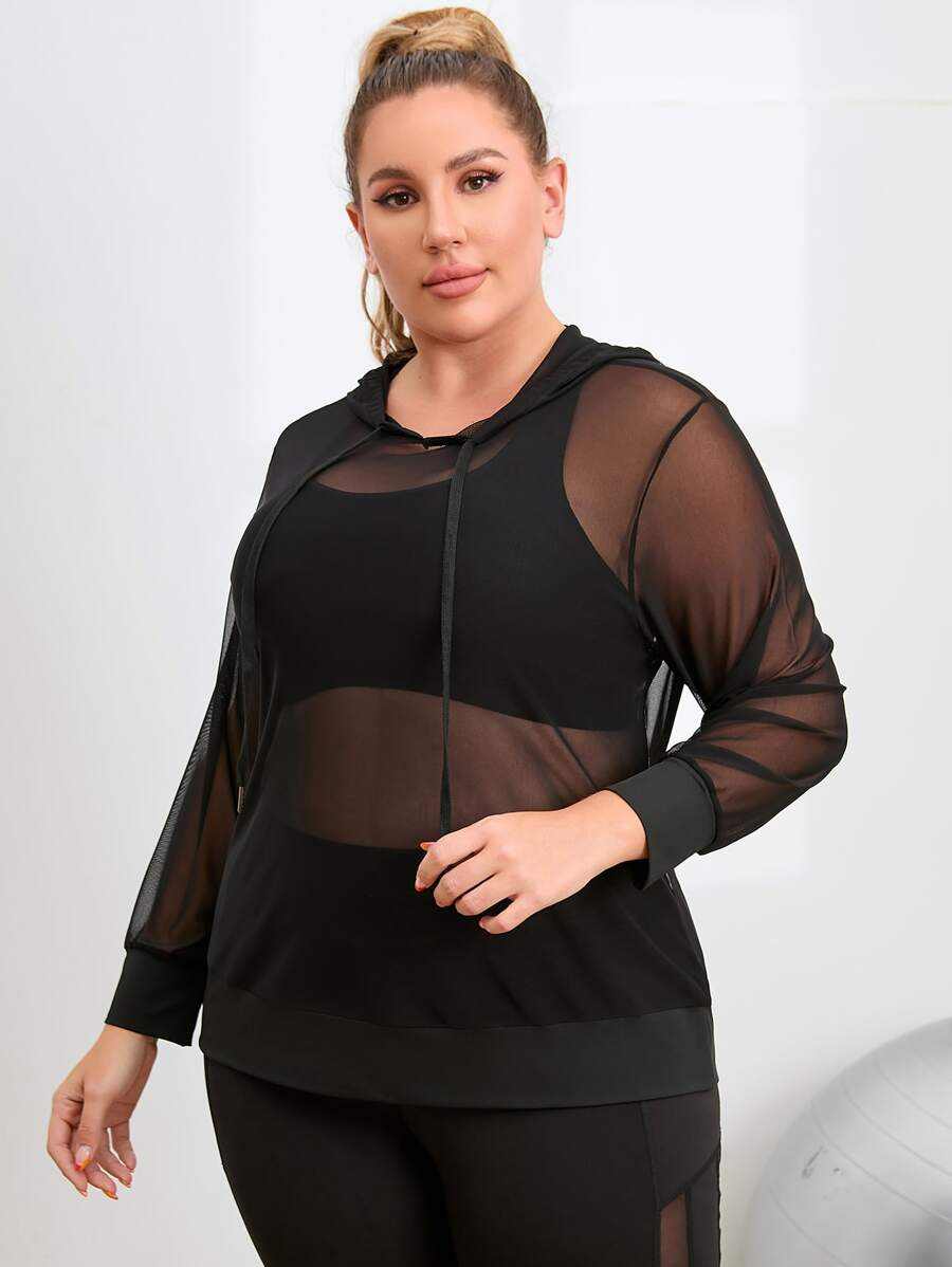 SHEIN Street Sport Áo thể thao Plus Size Tương phản Mesh Dây kéo màu trơn - màu đen - Xem 1