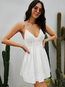 拼接水溶蕾絲吊帶連衣裙 - 白色 - 查看 3