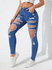 Cut Out Ripped Raw Trim Skinny Jeans - Medium Wash - View 3