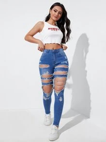 Cut Out Ripped Raw Trim Skinny Jeans - Medium Wash - View 1