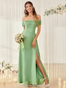 SHEIN Belle Off Shoulder Fringe Trim Split Thigh Chiffon Bridesmaid Dress - Lime Green - View 1