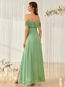 SHEIN Belle Off Shoulder Fringe Trim Split Thigh Chiffon Bridesmaid Dress - Lime Green - View 2